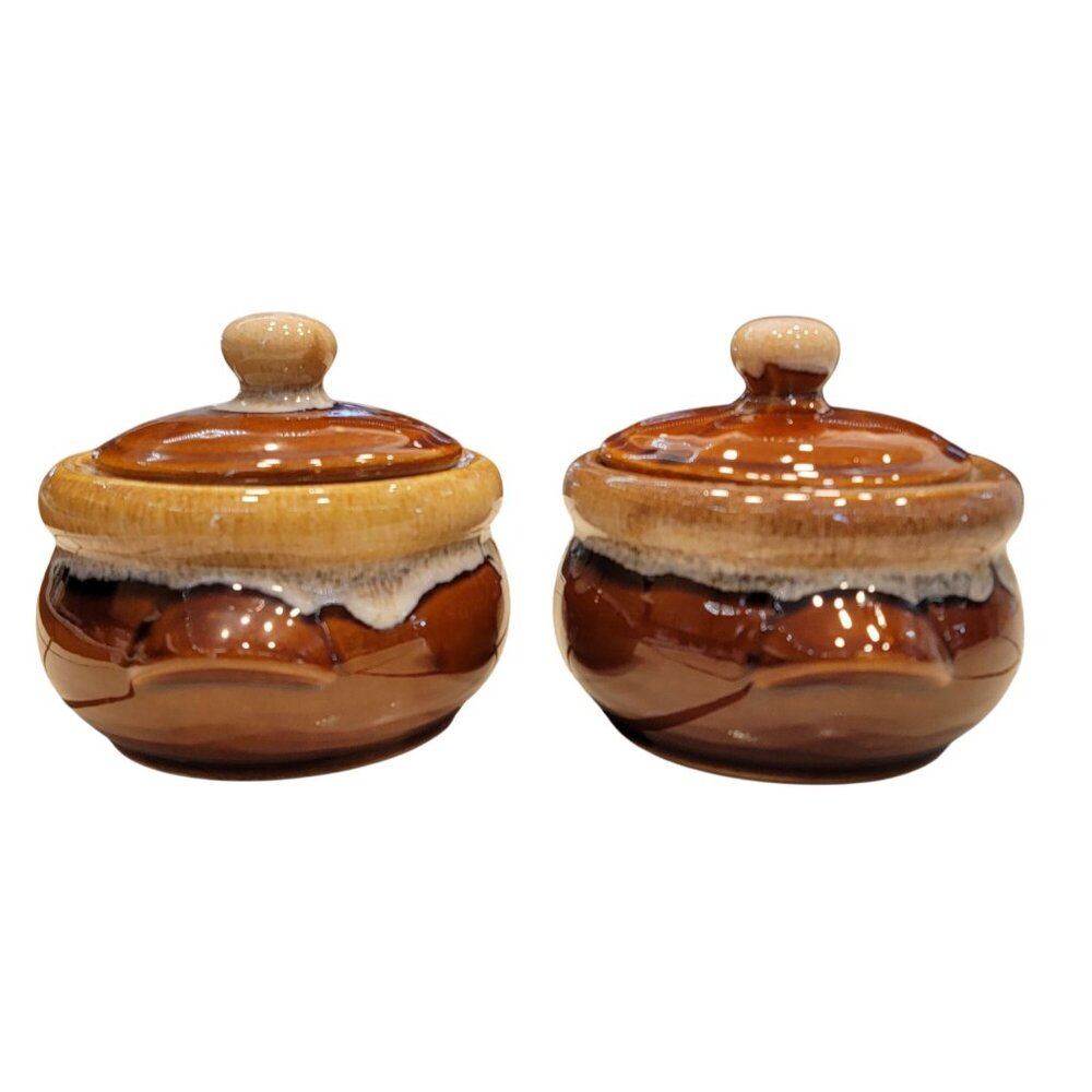 Vintage Brown Glazed Ceramic Soup Bowls With Lids - Handcrafted Drip Design - Picture 3 of 7